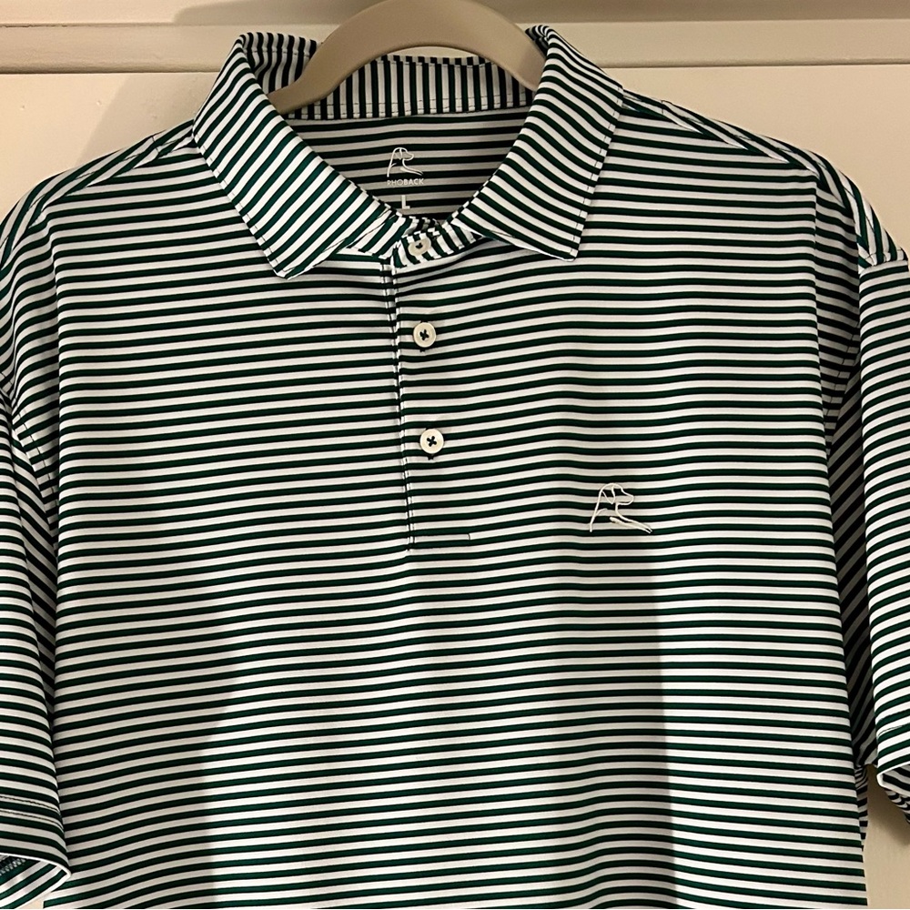 Rhoback performance Men’s polo, green and white striped.